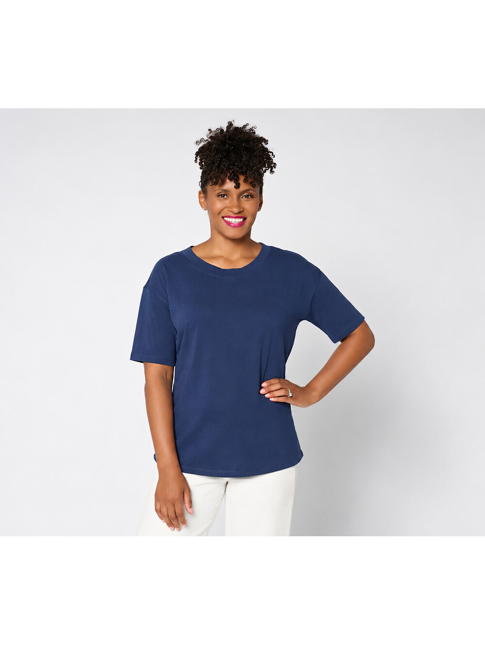 LOGO by Lori Goldstein Everyday Cotton Elbow Sleeve Seamed Top Peacoat, Large